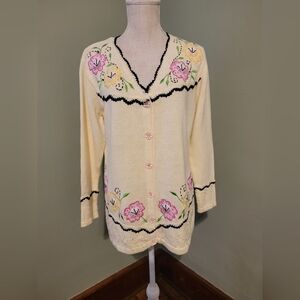 Storybook Knits Cream Floral Embroidered Cardigan with Pink and Yellow Flowers